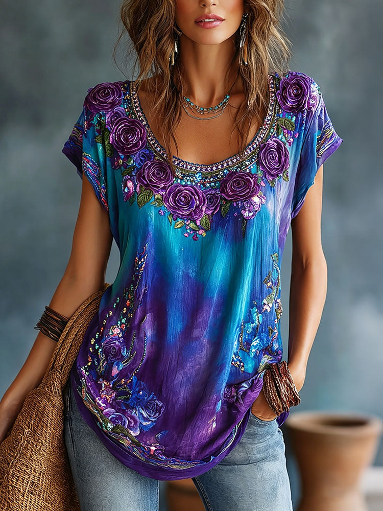 Women's Vintage Romantic Floral Art Linen Blend Short Sleeve Tops