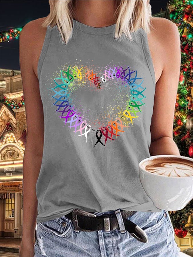 Women's All Cancer Awareness Heart Ribbon Print Tank Top