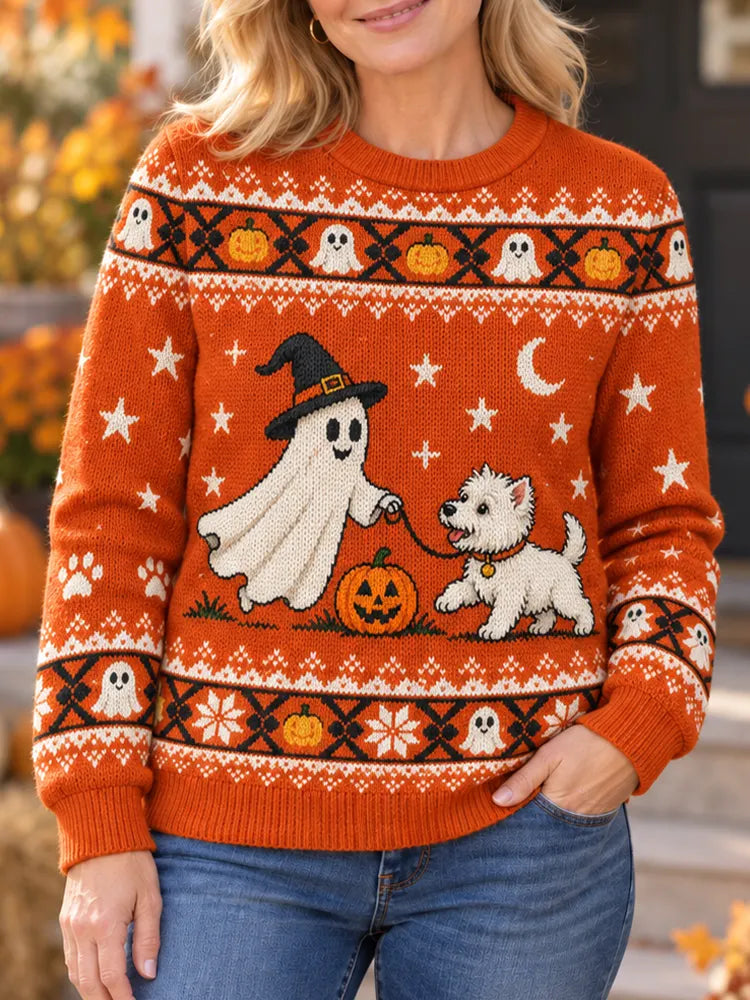 Women's Orange Halloween Ghost And Puppy Knit Sweater