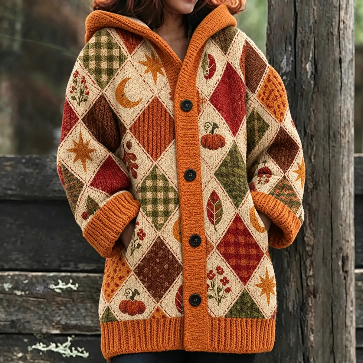 Women's Autumn Halloween Patchwork Knit Hooded Cardigan