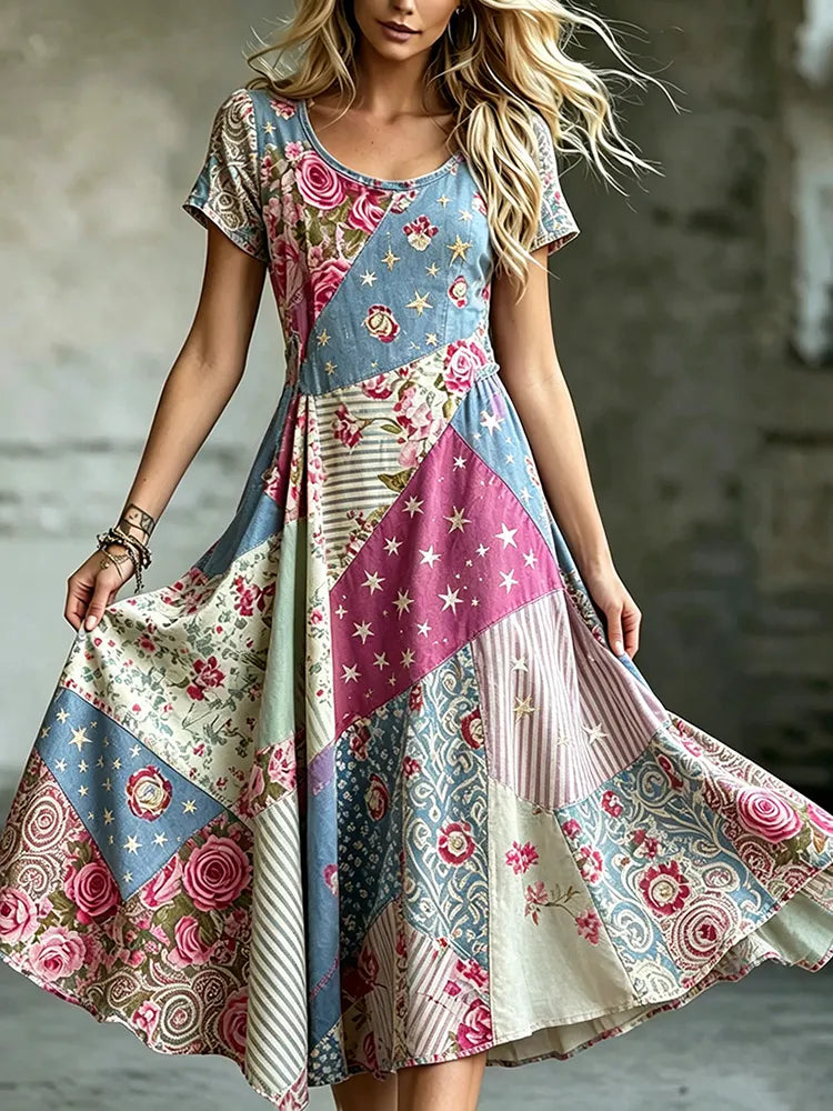 Women's Retro Bohemian Floral Irregular Round Neck Dress
