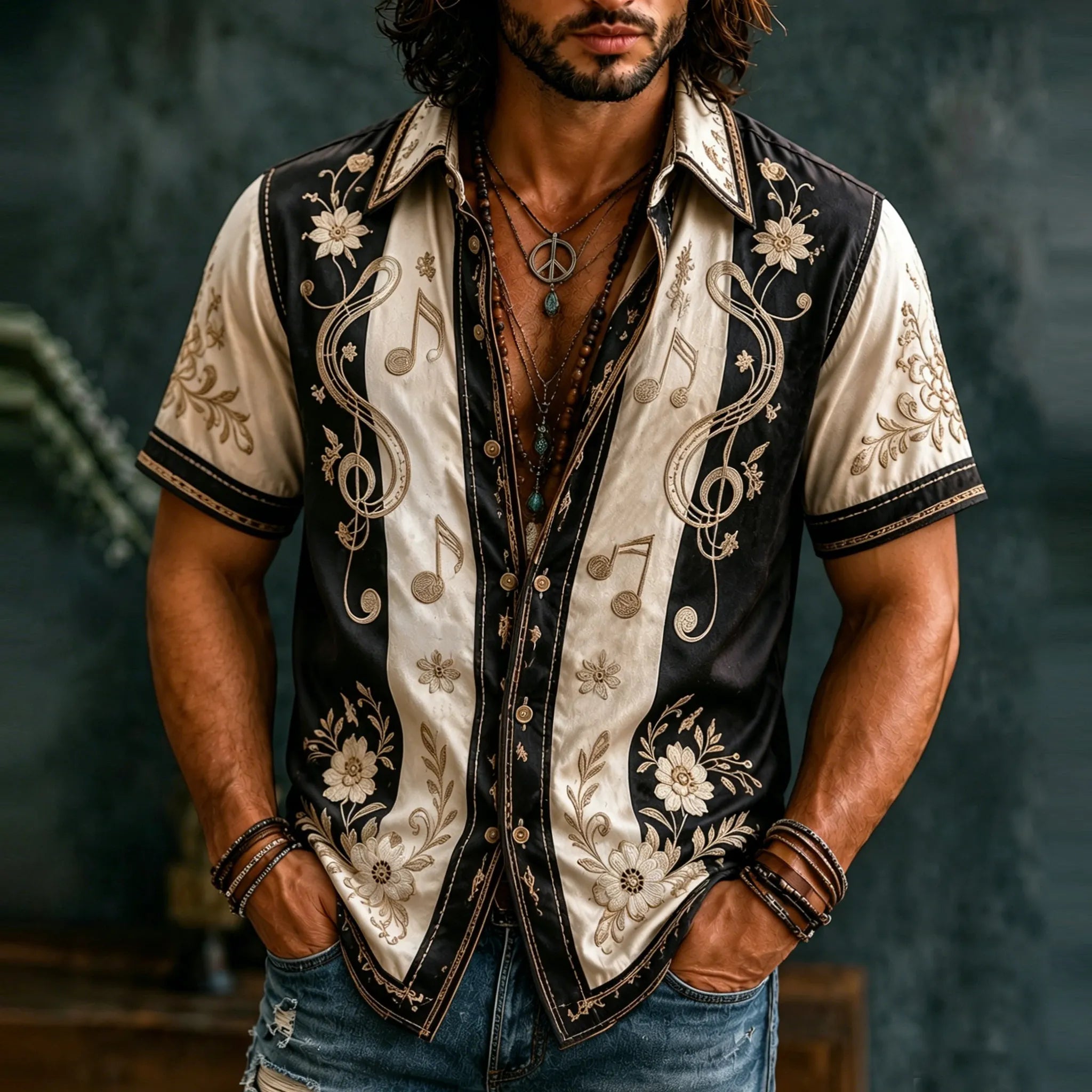 Men's Retro Floral  With Note Embroidery Art Short Sleeve Shirt