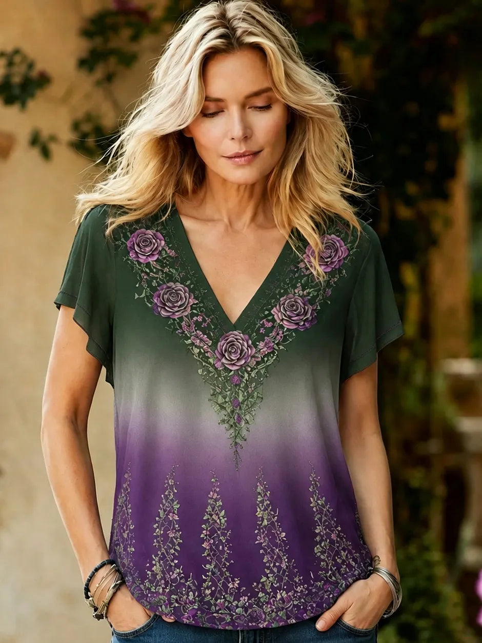 Women's Retro Purple Floral And Celtic Knot Embroidered Casual Short-sleeve T-shirt