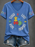 Women'S Casual V-Neck Top With Autism Awareness Print