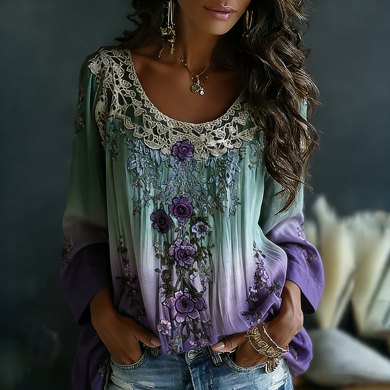 Classy Gradient Purple Lavender And Floral Art Linen Long Sleeve Shirt