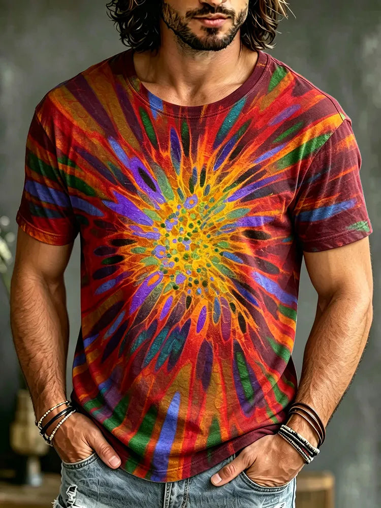 Men's Retro Hippie Style Abstract Art Print Crew Neck Short Sleeve T-shirt