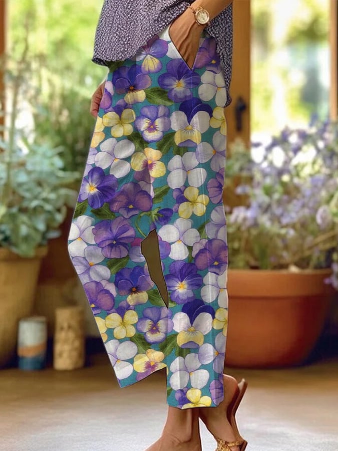 Women's Casual Purple Art Pansy Pants