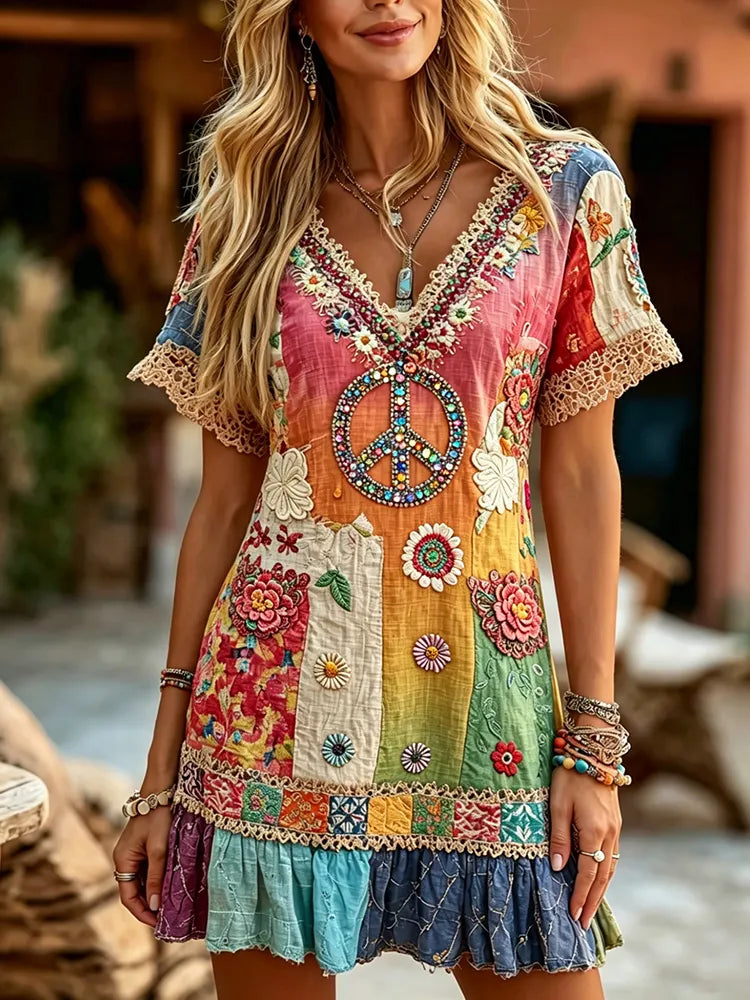 Women's Retro Hippie Floral Patchwork Art V Neck Short Sleeve Linen Blend Midi Dress