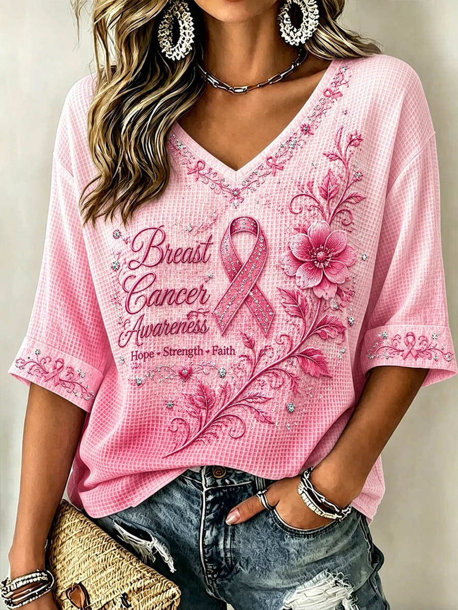 Women's Casual Top with Floral Breast Cancer Awareness Print