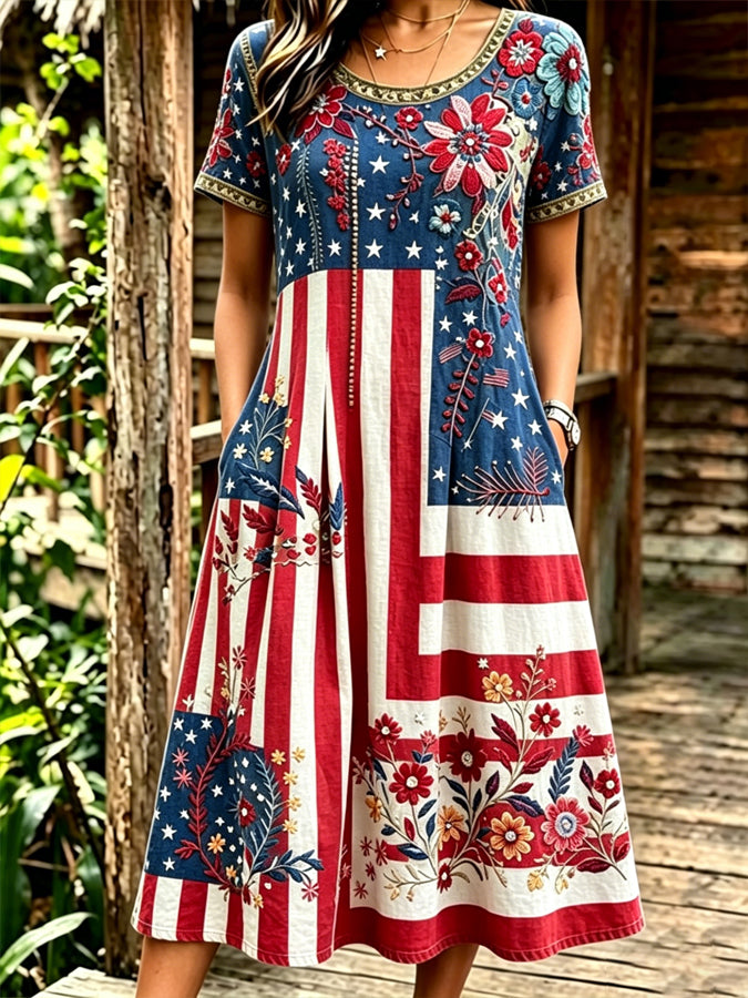 Ladies' 250Th Anniversary Celebration Floral Personalized Printed Round Neck Long Sleeved Dress