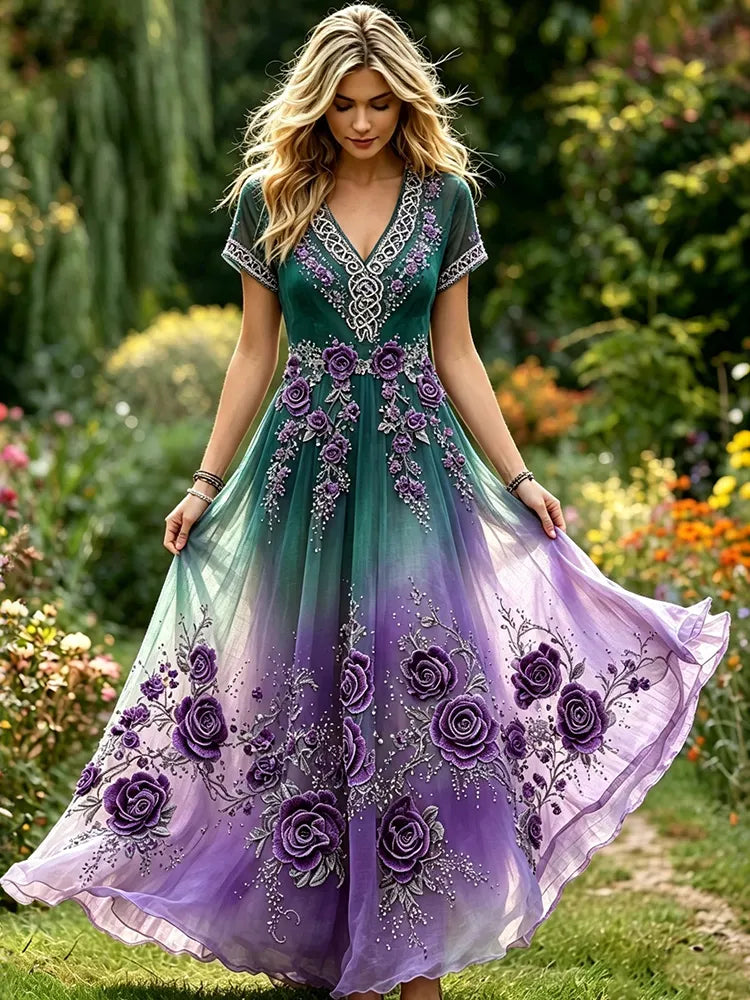 Women's Retro Celtic Knot Floral Gradient Pattern V-neck Short Sleeve Linen Dress
