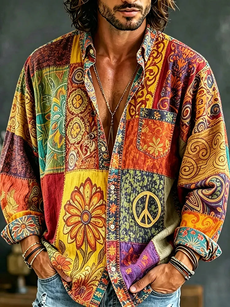 Men's Retro Ethnic Hippie Color Block Design Shirt