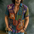 Men's Retro Hippie Peace Sign And Guitar Patchwork Print Short-sleeve Shirt
