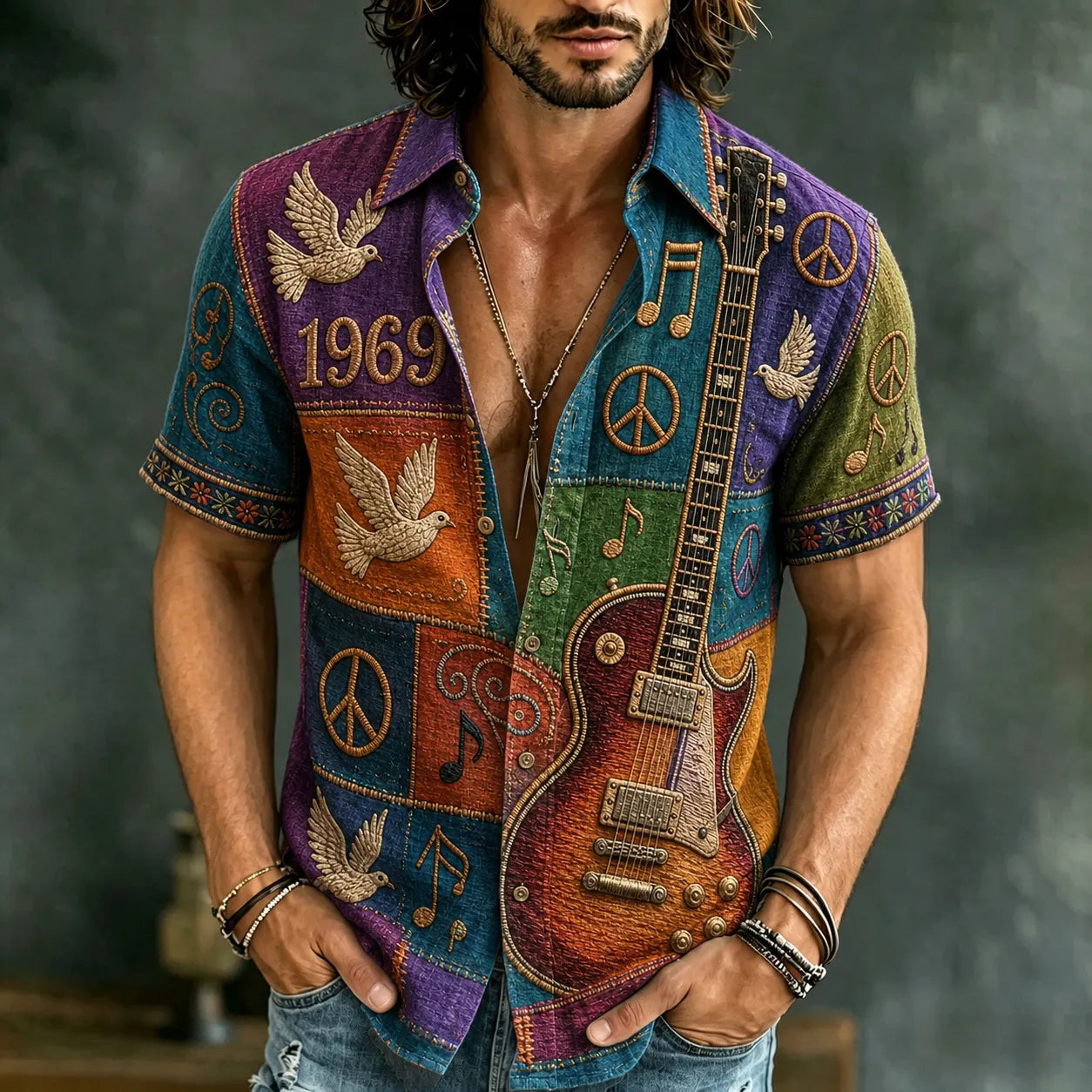 Men's Retro Hippie Peace Sign And Guitar Patchwork Print Short-sleeve Shirt