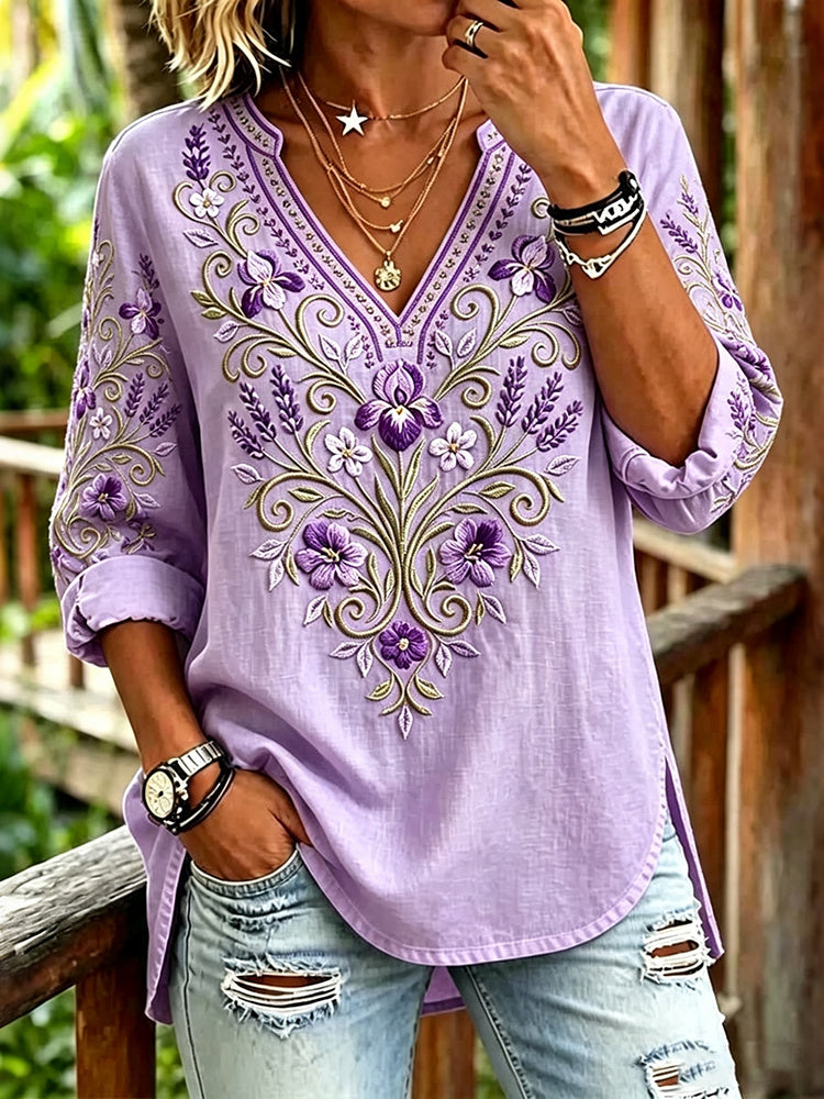 Women's Retro Purple Floral Art Cotton Linen V-neck T-shirt