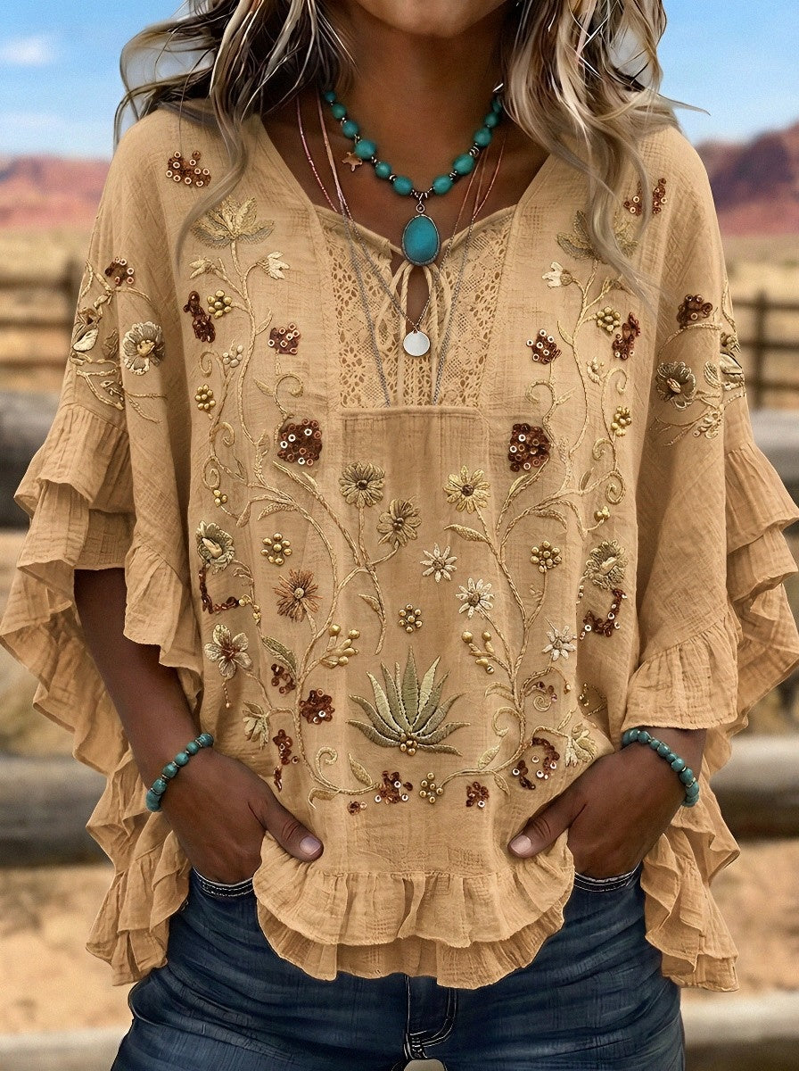 Women's Western Vintage Floral Embroidered Ruffle Sleeve Top