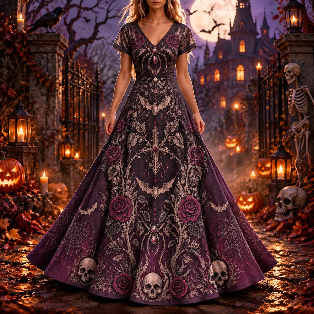 Women's Gothic Castle Skull, Bats, And Roses Graphic V-neck Long Dress