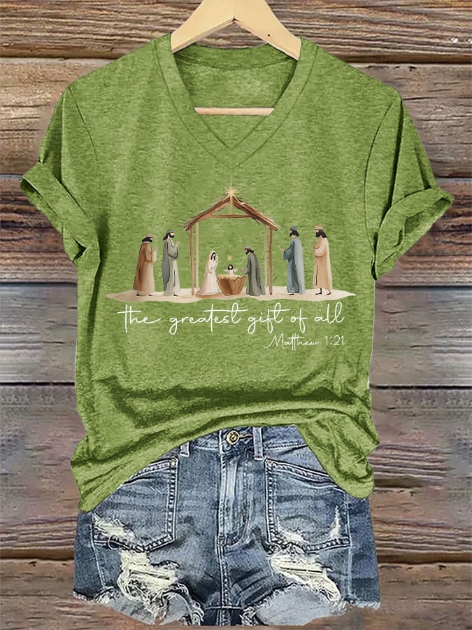 V-Neck Retro Christmas The Greatest Gift Of All Is Jesus Matthew 1:21 Print T-Shirt