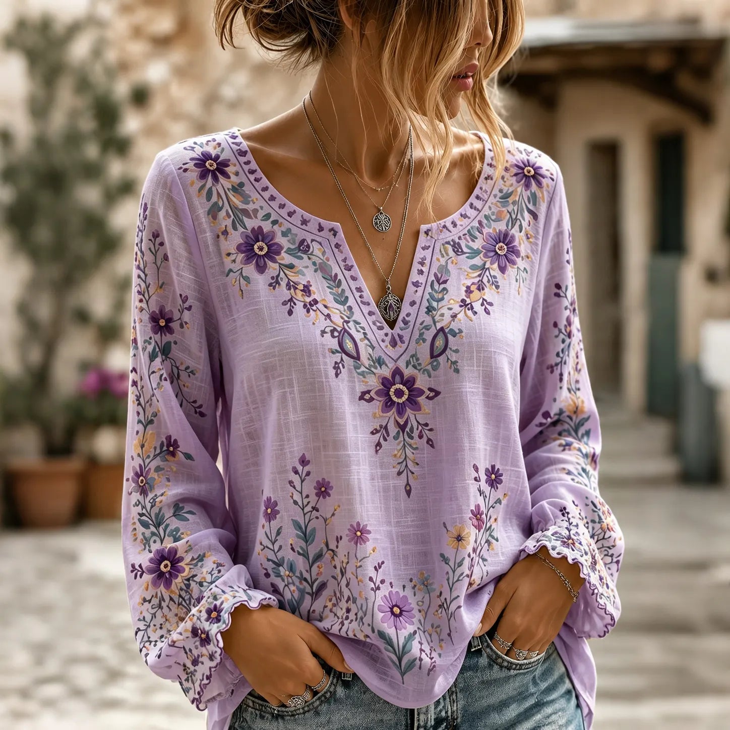 Women's Retro Boho Floral Art Cotton Linen V Neck T-shirt