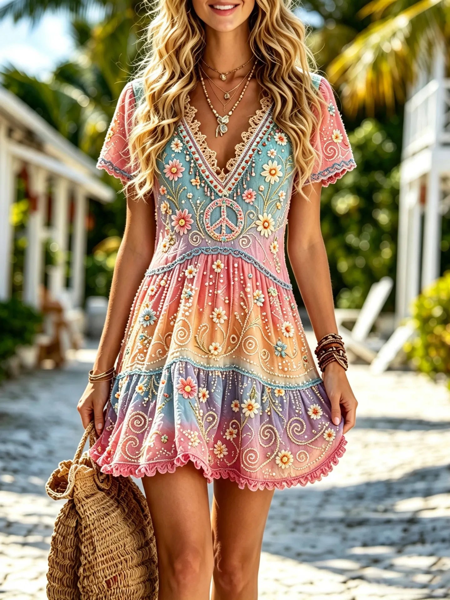 Women's Hippie Peace Symbol And Floral Gradient Casual Midi Dress