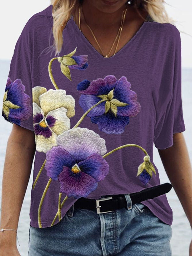 Women's Alzheimer's Purple Floral V-Neck T-Shirt