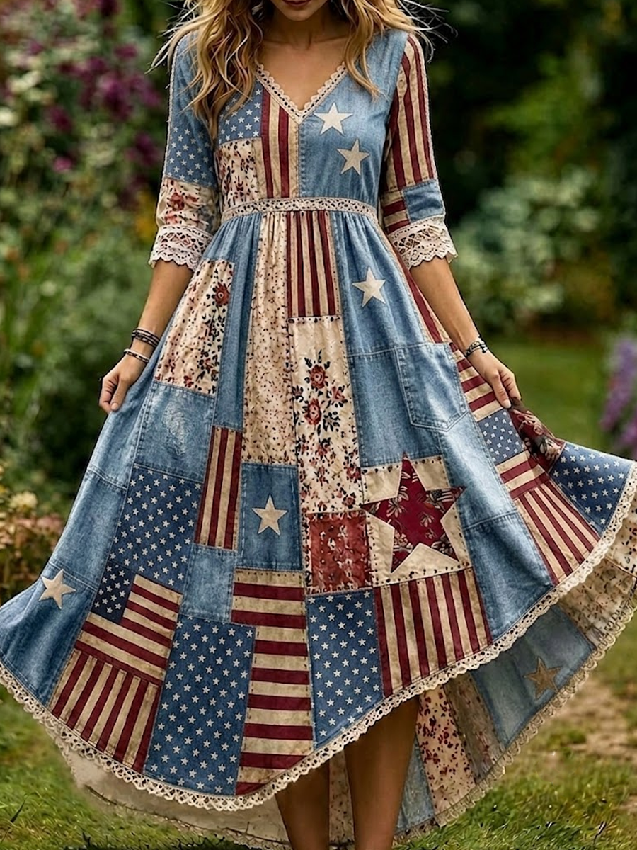 Women'S Retro Independence Day Faith Patch Plant Printed Casual V-Neck Dress