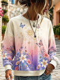 Women's Crew Neck Long Sleeve Sweatshirt With Gradient Ombre, Celestial Sun, Moon, And Botanical Print