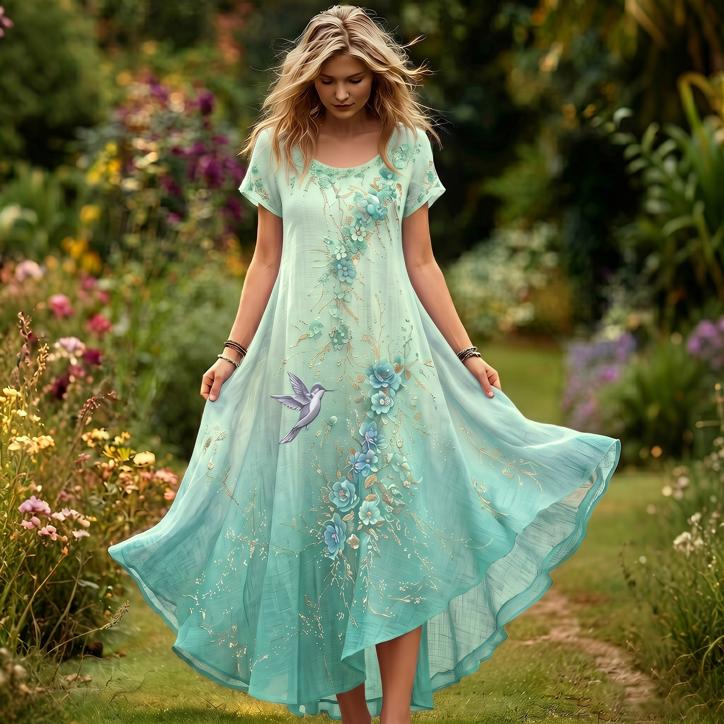 Women's Purple Floral & Hummingbird Print Alzheimer's Awareness Casual Dress