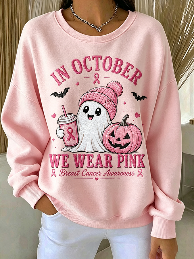 Women'S Breast Cancer Embroidery Printed Round Neck Sweatshirt