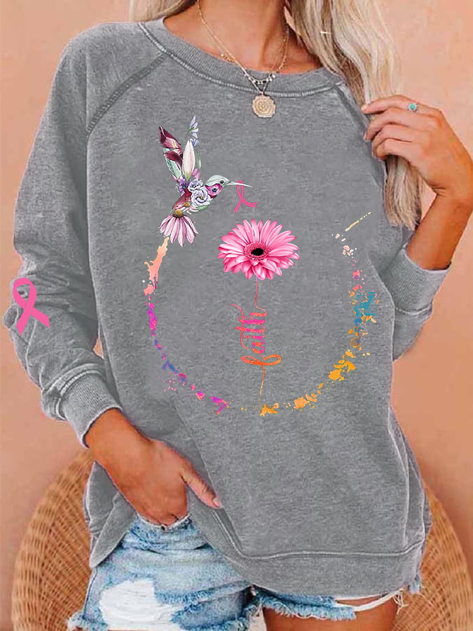 Women's Breast Cancer Awareness Faith Hummingbird Ribbon Sweatshirt