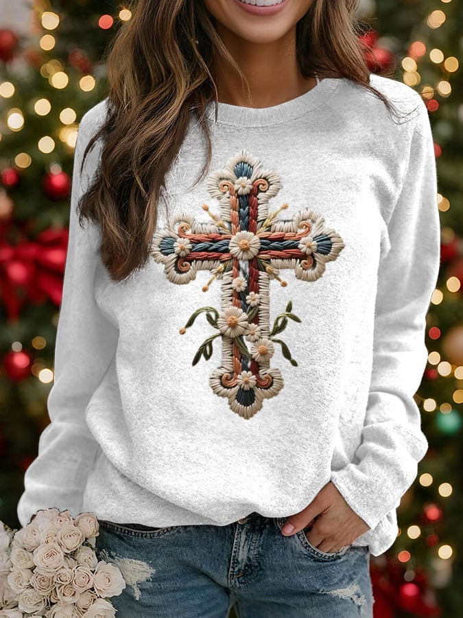 Women's Embroidered Cross Art Print Crew Neck Sweatshirt