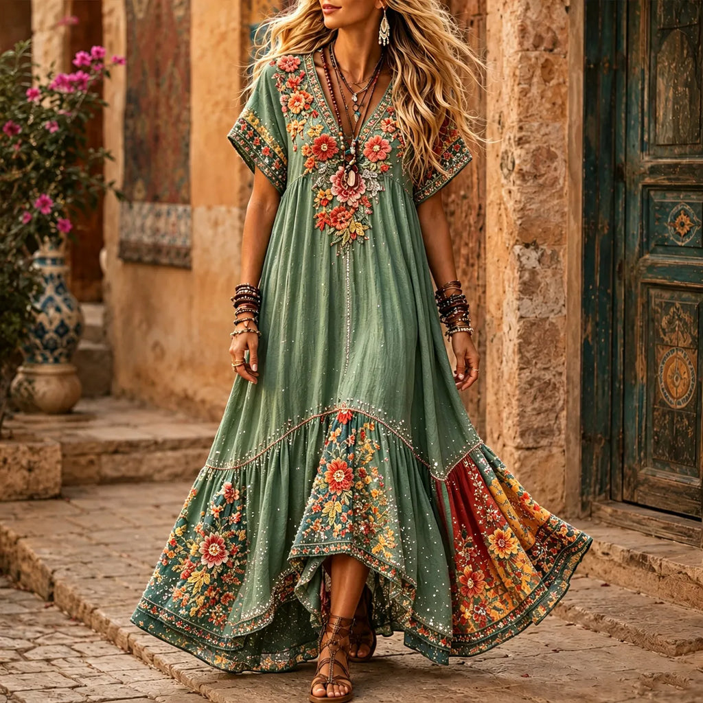 Women's Retro Hippie Floral Embroidery Art V Neck Short Sleeve Maxi Dress