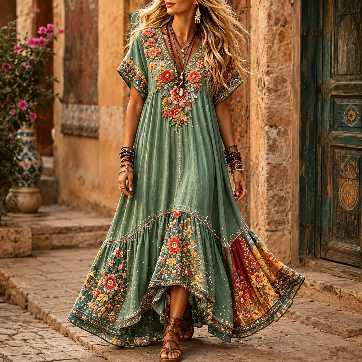 Women's Retro Hippie Floral Embroidery Art V Neck Short Sleeve Maxi Dress