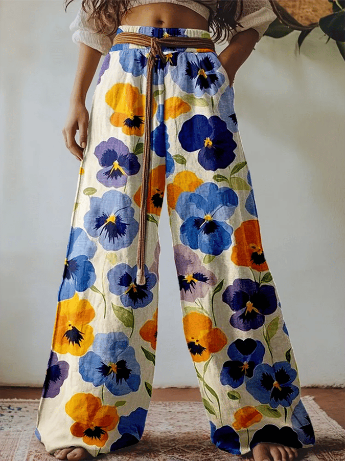 Women's Pansy Flowers Graphic Linen Blend Casual Pants