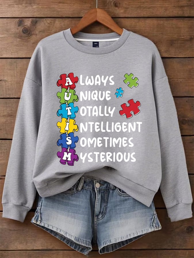 Women's "Always Unique Totally Intelligent Sometimes Mysterious" Autism Awareness Printed Casual Crew Neck Sweatshirt