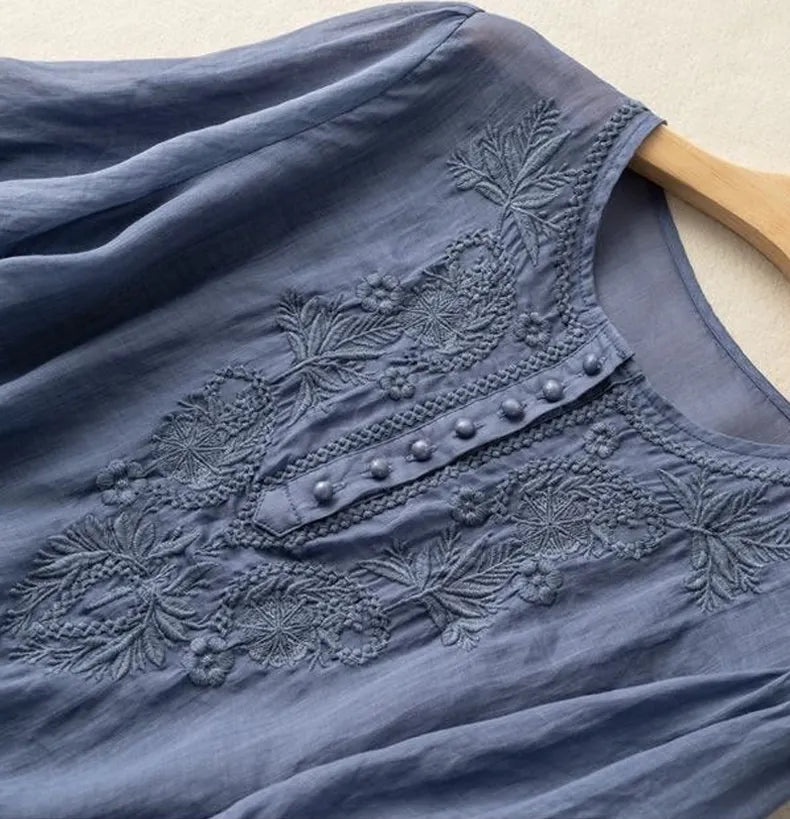 Women's Vintage Floral Embroidery Linen Shirt
