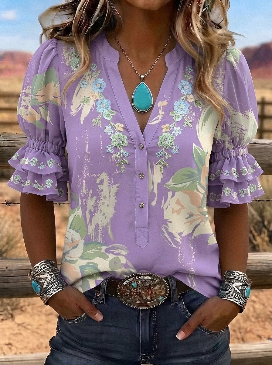 Women's Western Vintage Floral Embroidered Printed Blouse