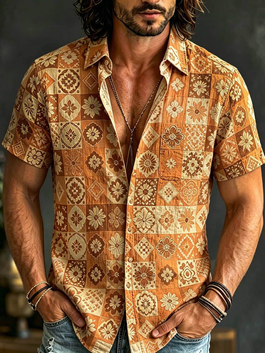 Men's Boho Patchwork Floral Print Hippie Cotton And Linen Comfortable Short Sleeve Shirt