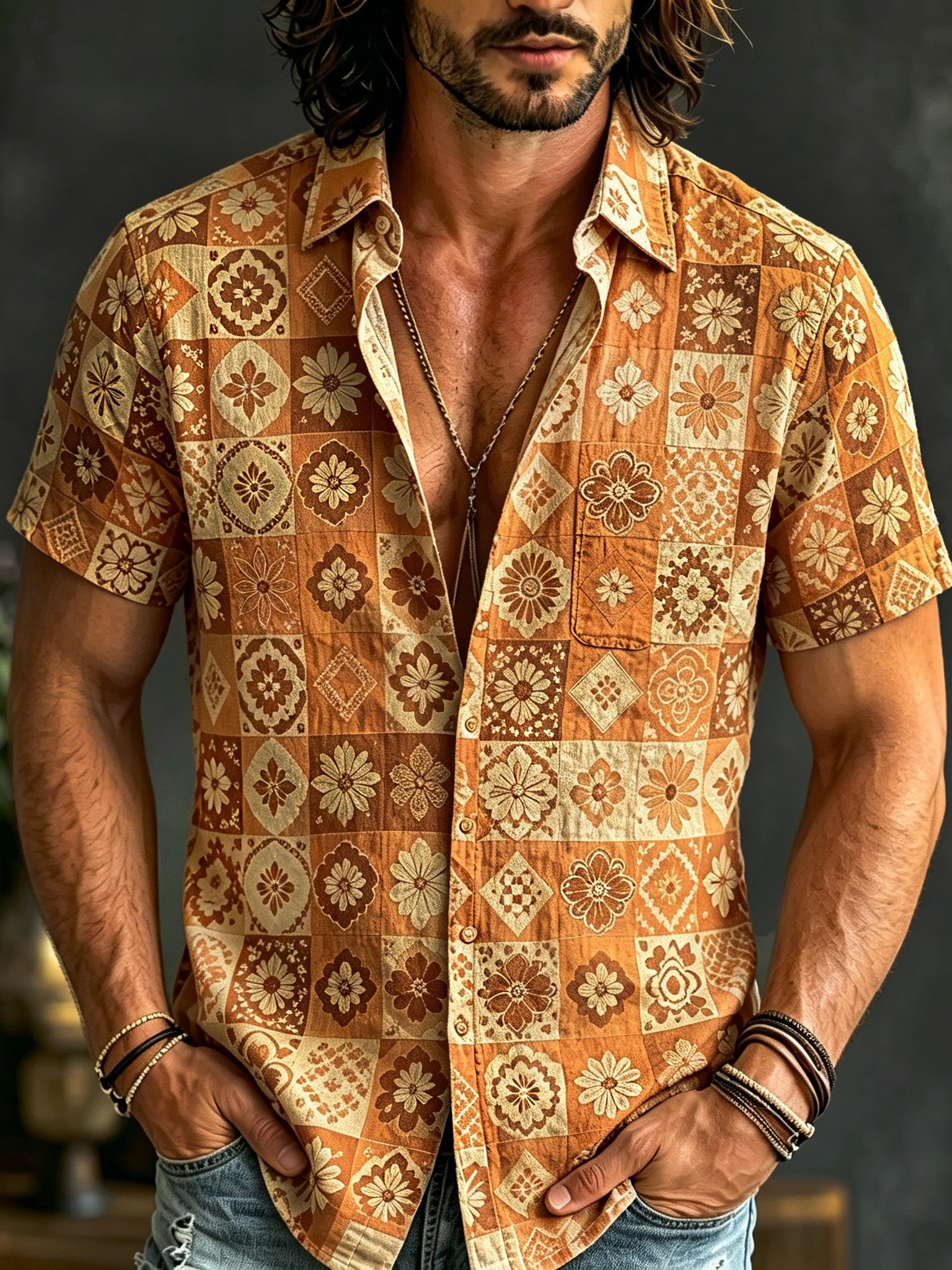 Men's Boho Patchwork Floral Print Hippie Cotton And Linen Comfortable Short Sleeve Shirt