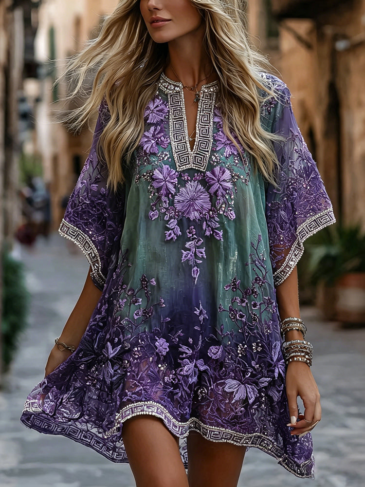 Classy Gradient Purple Lavender And Floral Art Linen Blend Loose Mini Dress