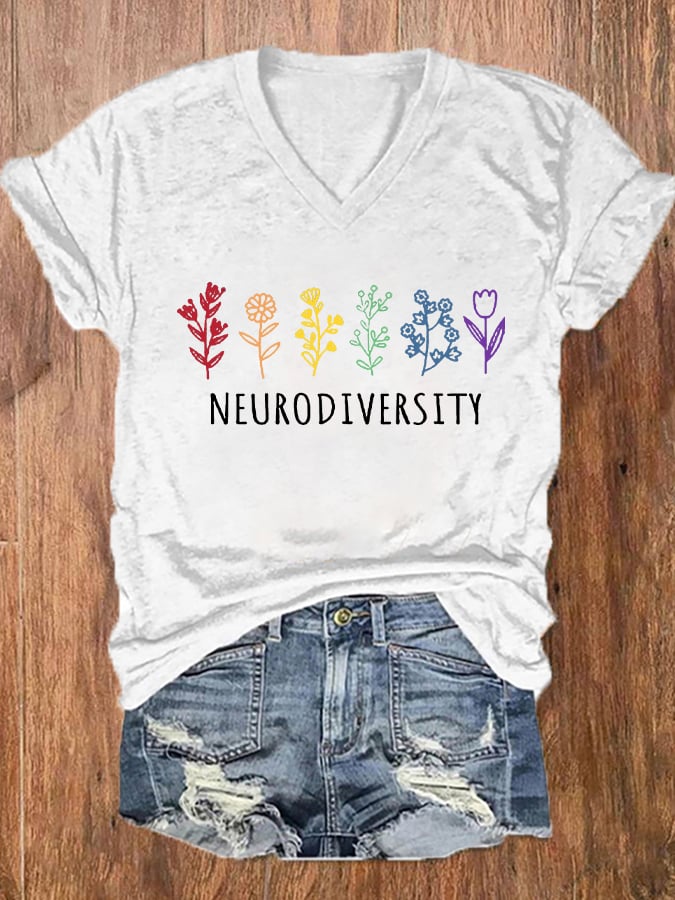 Women's Autism Awareness Neurodiversity Printed V-Neck Tee