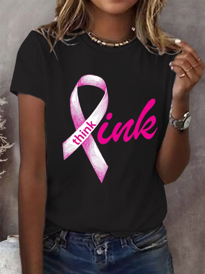 Women's Breast Cancer Think Pink Round Neck T-Shirt