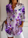 Women's Casual Retro Purple Floral Cotton And Linen Shirt