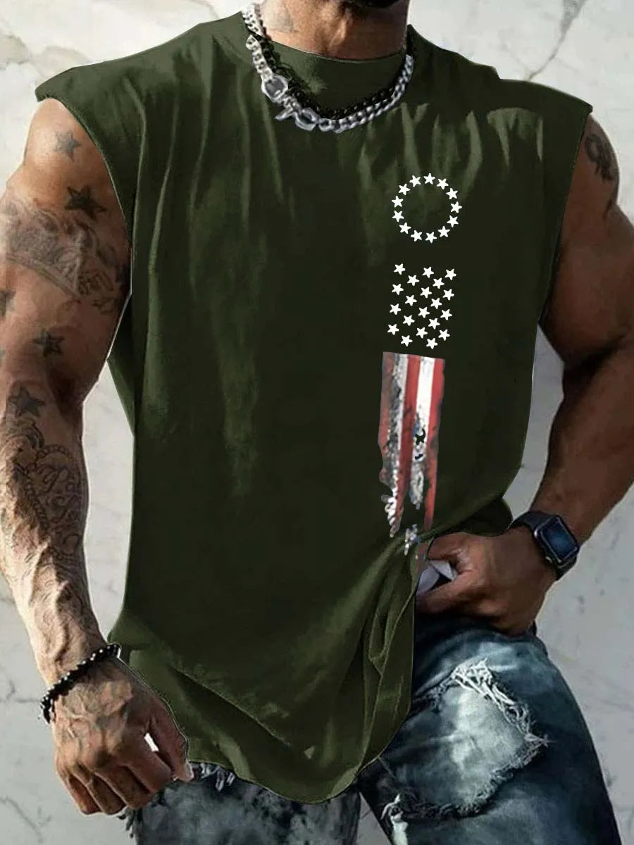 America Flag Pattern Round Neck 100% Cotton Tank Top