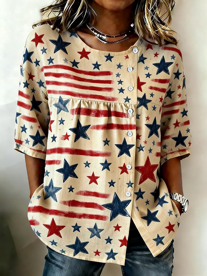 Women's Casual Patriotic Loose Cotton-Linen Top