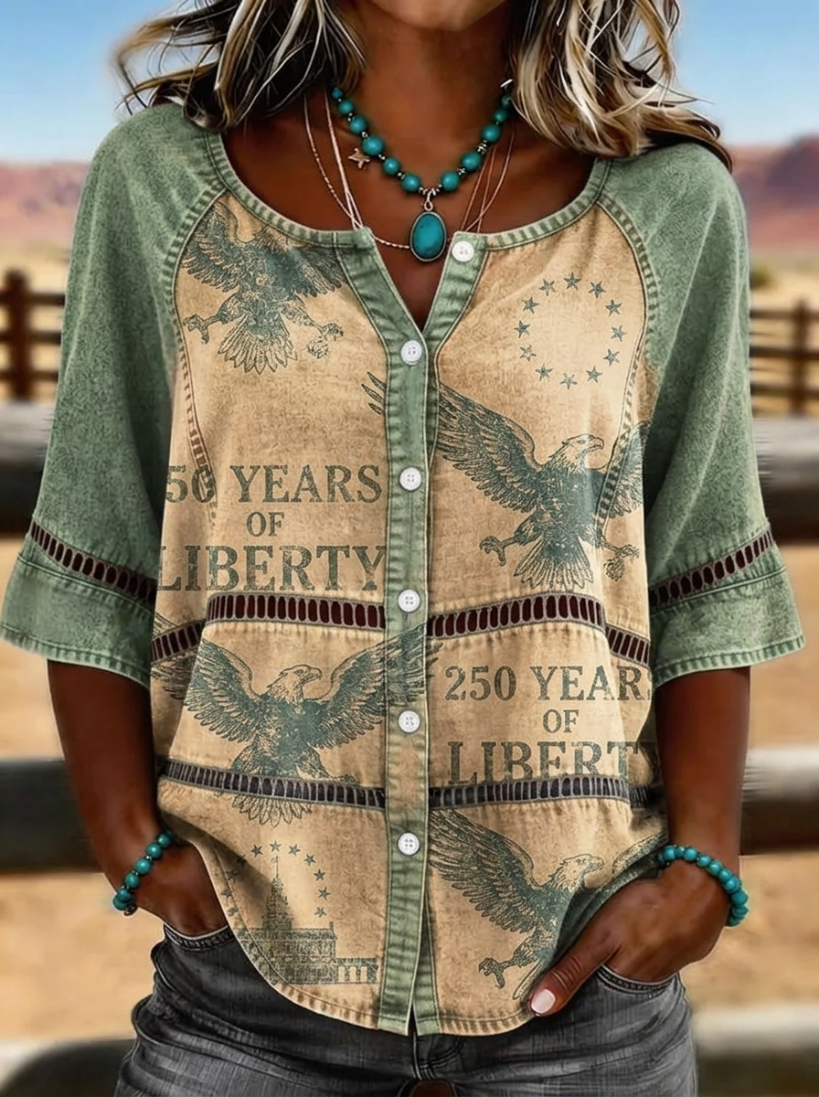 Women's Western Independence Day Eagle Liberty Printed T-shirt