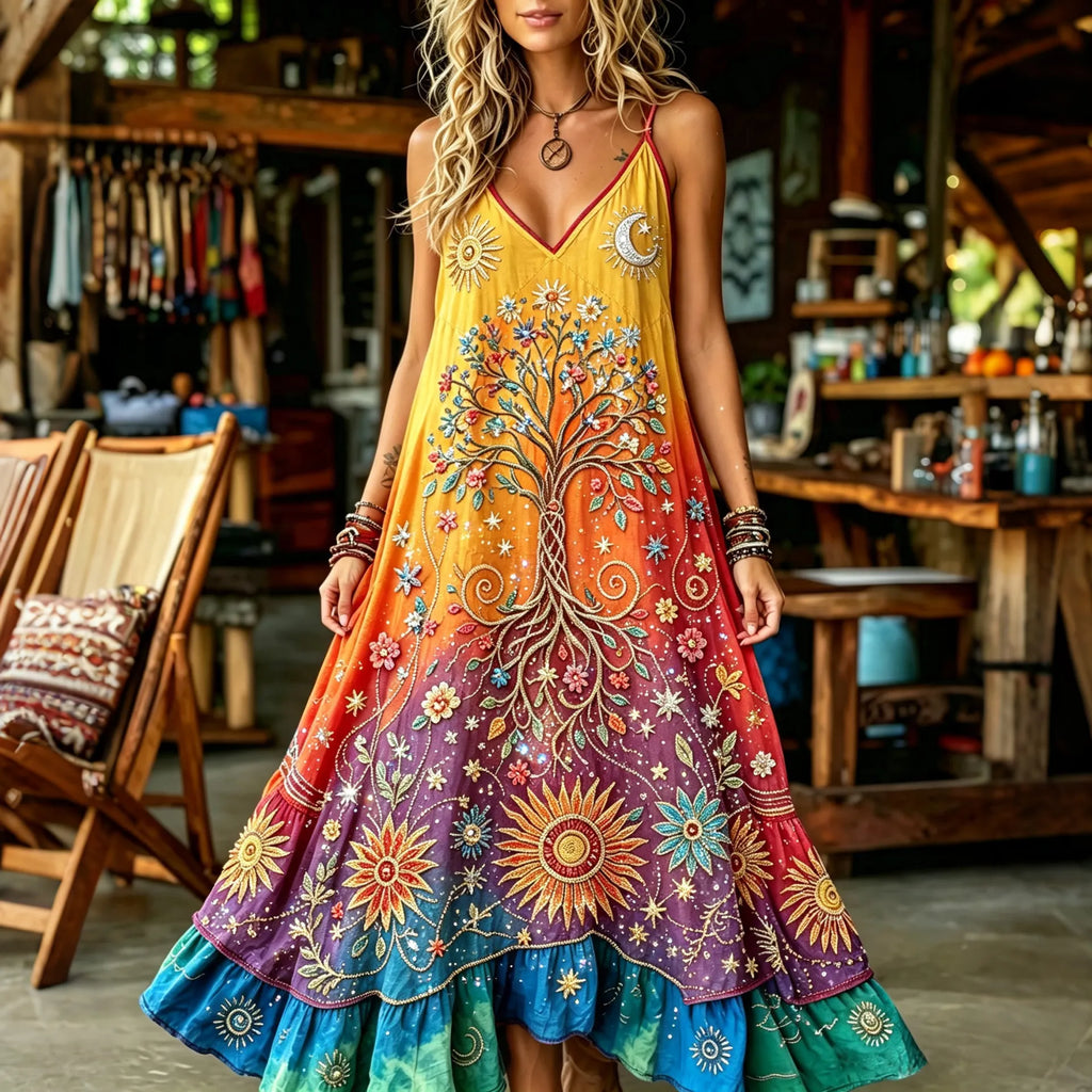 Women's Hippie Peace And Floral Gradient Embroidered Sleeveless Casual Maxi Dress
