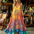 Women's Hippie Peace And Floral Gradient Embroidered Sleeveless Casual Maxi Dress