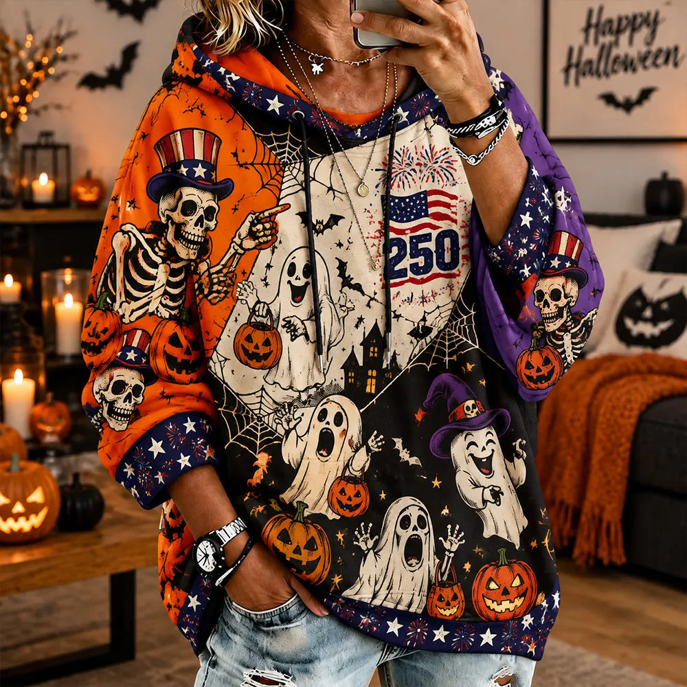 Women's Halloween Skull And Ghost Art Print Patchwork Casual Hoodie