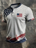 Men's Retro Independence Day Patriotic Ribbed Henley Short-Sleeve T-Shirt